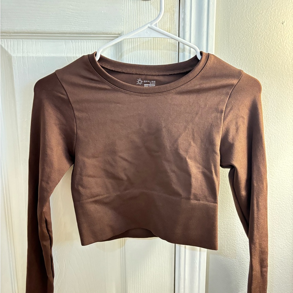 Aerie Brown Fitted Long Sleeve Crop Tee